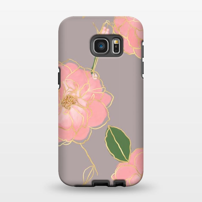Galaxy S7 EDGE StrongFit Elegant Pink & Gold Watercolor Roses Gray Design by InovArts