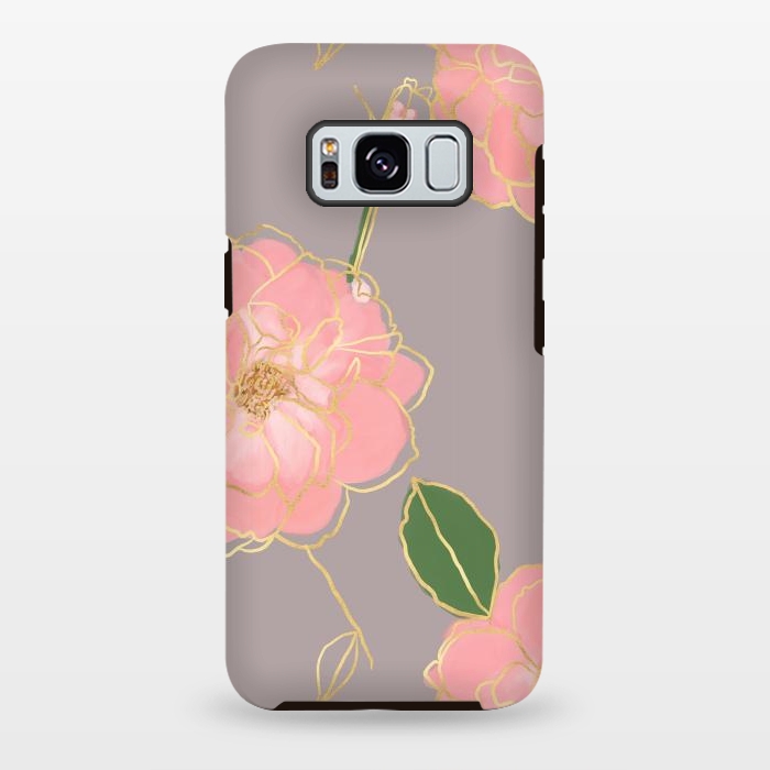 Galaxy S8 plus StrongFit Elegant Pink & Gold Watercolor Roses Gray Design by InovArts
