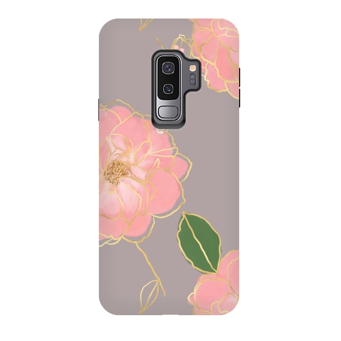 Galaxy S9 plus StrongFit Elegant Pink & Gold Watercolor Roses Gray Design by InovArts