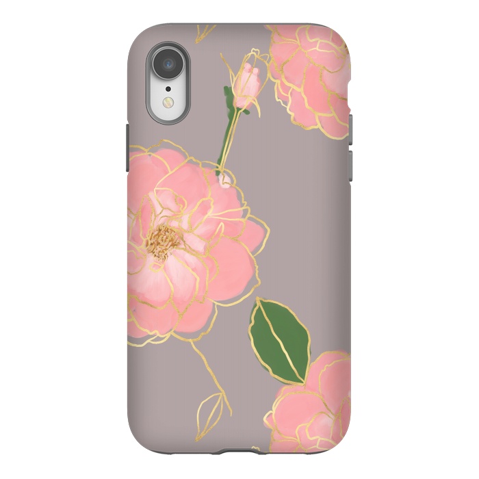 iPhone Xr StrongFit Elegant Pink & Gold Watercolor Roses Gray Design by InovArts