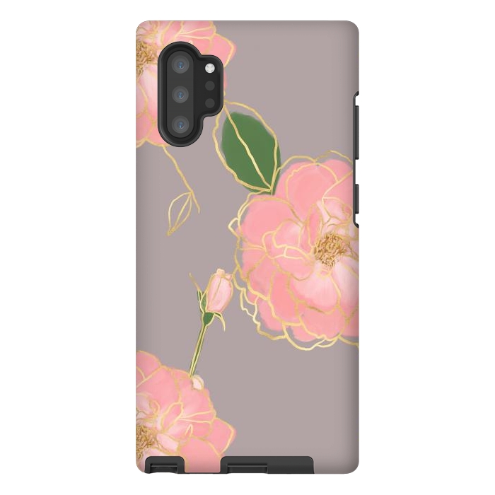 Galaxy Note 10 plus StrongFit Elegant Pink & Gold Watercolor Roses Gray Design by InovArts