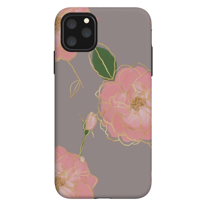 iPhone 11 Pro Max StrongFit Elegant Pink & Gold Watercolor Roses Gray Design by InovArts