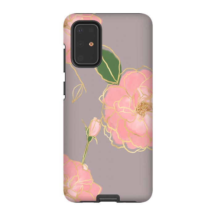 Galaxy S20 Plus StrongFit Elegant Pink & Gold Watercolor Roses Gray Design by InovArts
