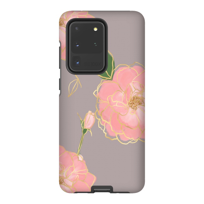 Galaxy S20 Ultra StrongFit Elegant Pink & Gold Watercolor Roses Gray Design by InovArts