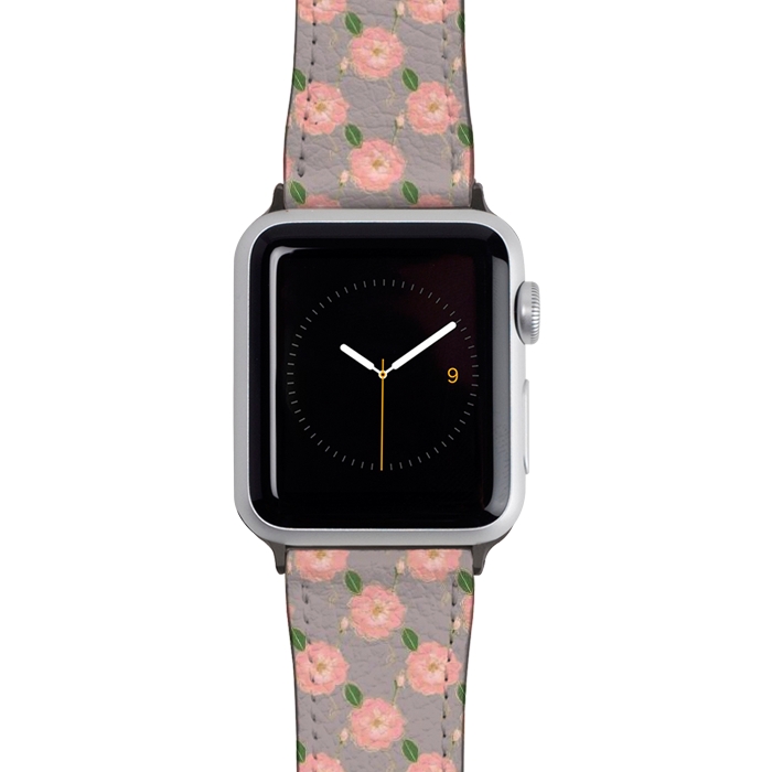 Watch 42mm / 44mm Strap PU leather Elegant Pink & Gold Watercolor Roses Gray Design by InovArts