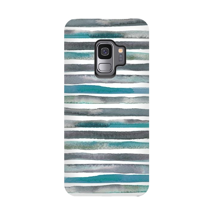 Galaxy S9 StrongFit Watercolor Stripes and Lines Blue Aqua by Ninola Design