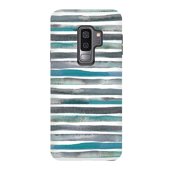 Galaxy S9 plus StrongFit Watercolor Stripes and Lines Blue Aqua by Ninola Design