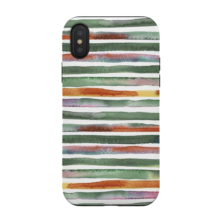 iPhone Xs / X StrongFit Watercolor Stripes and Lines Green Orange by Ninola Design