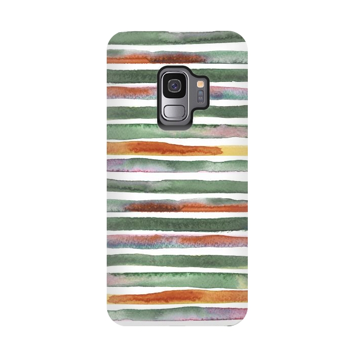 Galaxy S9 StrongFit Watercolor Stripes and Lines Green Orange by Ninola Design