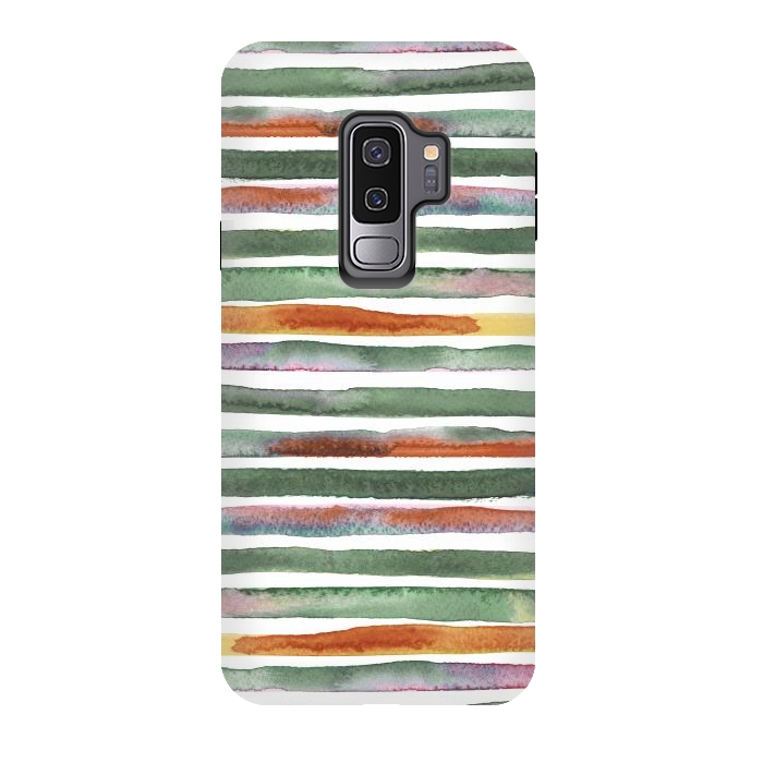Galaxy S9 plus StrongFit Watercolor Stripes and Lines Green Orange by Ninola Design