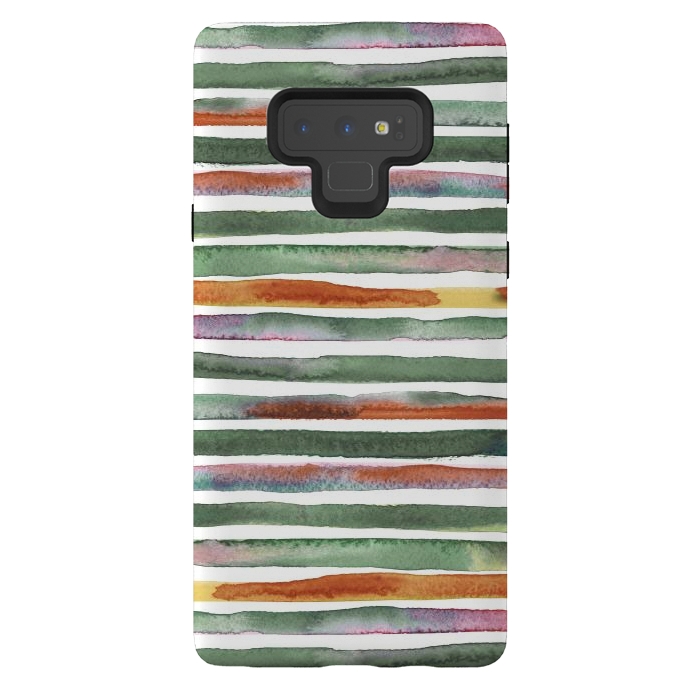 Galaxy Note 9 StrongFit Watercolor Stripes and Lines Green Orange by Ninola Design