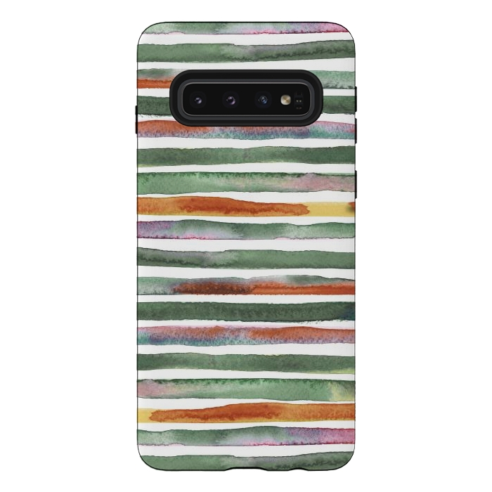 Galaxy S10 StrongFit Watercolor Stripes and Lines Green Orange by Ninola Design