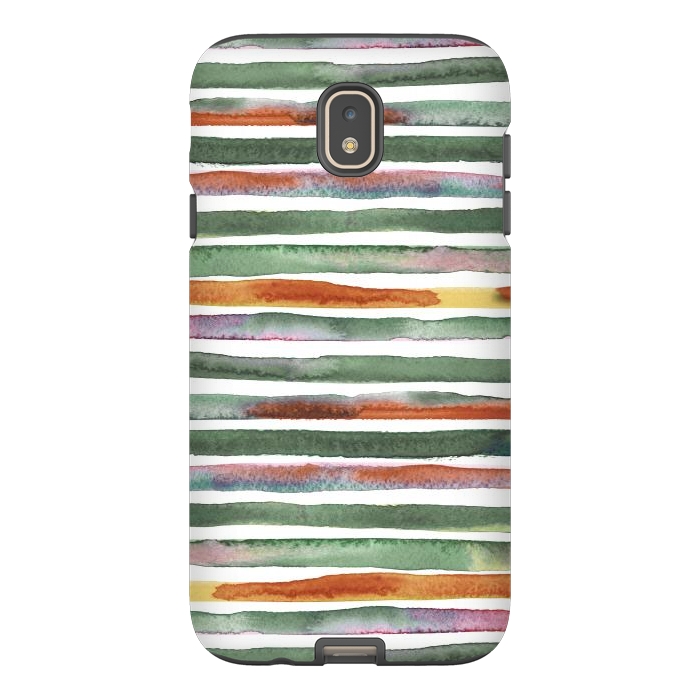 Galaxy J7 StrongFit Watercolor Stripes and Lines Green Orange by Ninola Design
