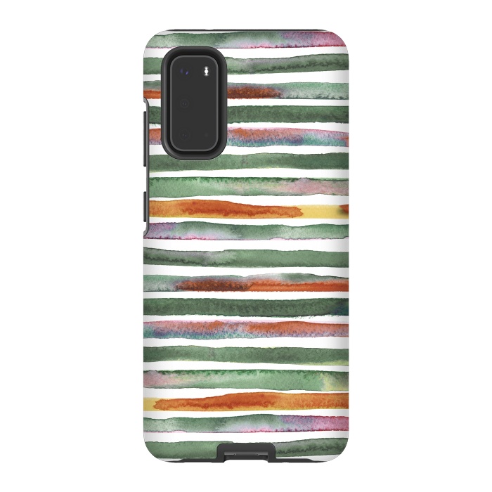 Galaxy S20 StrongFit Watercolor Stripes and Lines Green Orange by Ninola Design