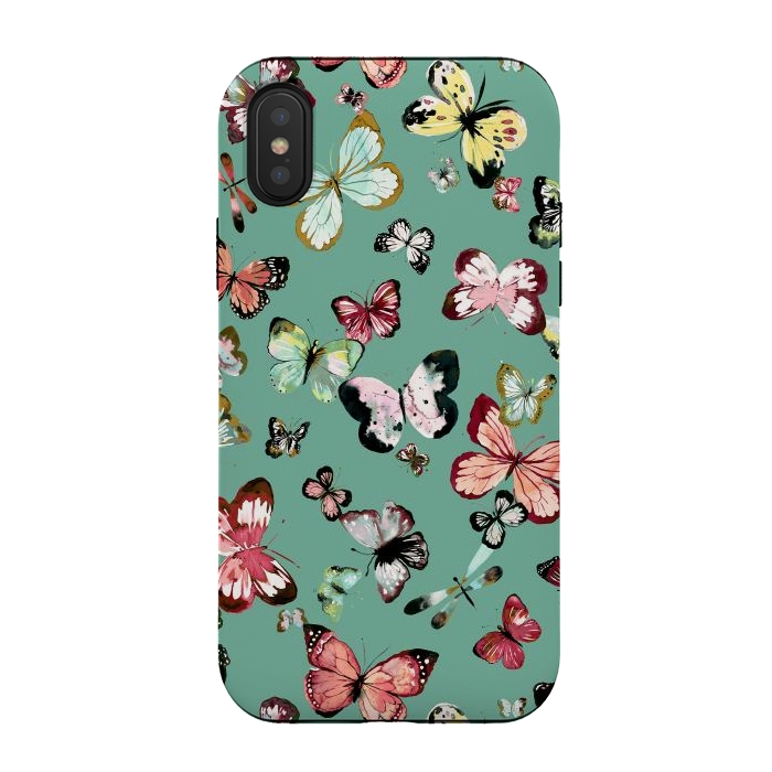 iPhone Xs / X StrongFit Flying Butterflies Watercolor Teal by Ninola Design