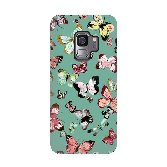 Galaxy S9 StrongFit Flying Butterflies Watercolor Teal by Ninola Design