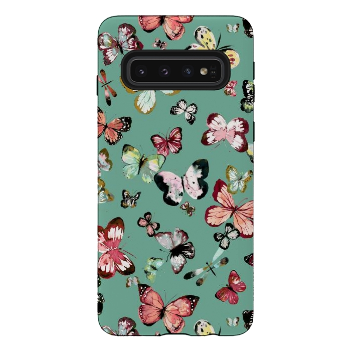 Galaxy S10 StrongFit Flying Butterflies Watercolor Teal by Ninola Design