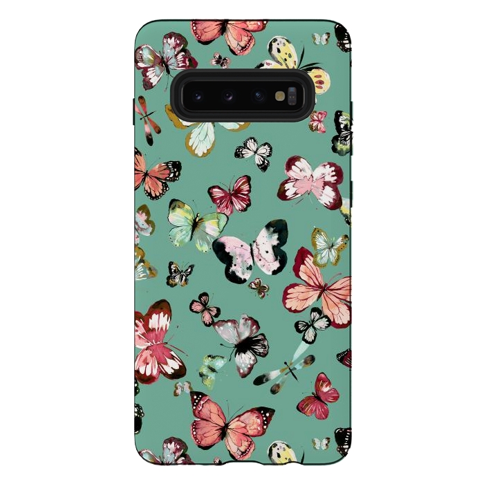 Galaxy S10 plus StrongFit Flying Butterflies Watercolor Teal by Ninola Design