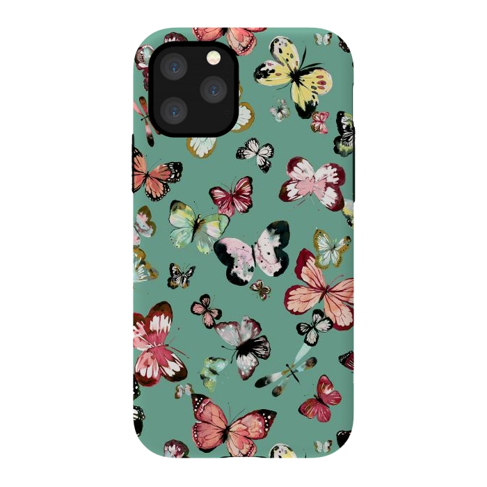 iPhone 11 Pro StrongFit Flying Butterflies Watercolor Teal by Ninola Design