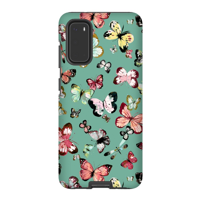Galaxy S20 StrongFit Flying Butterflies Watercolor Teal by Ninola Design
