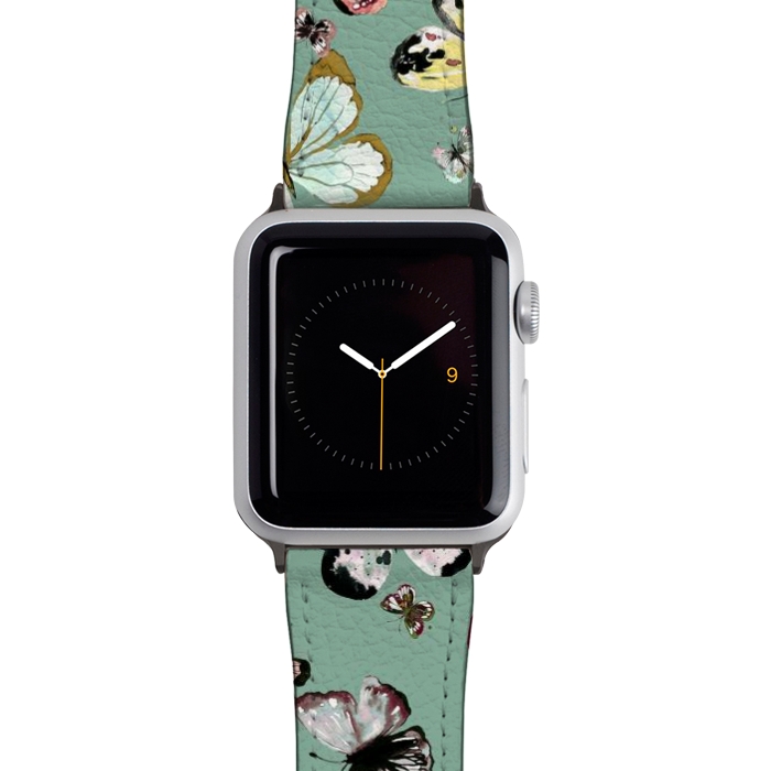Watch 42mm / 44mm Strap PU leather Flying Butterflies Watercolor Teal by Ninola Design
