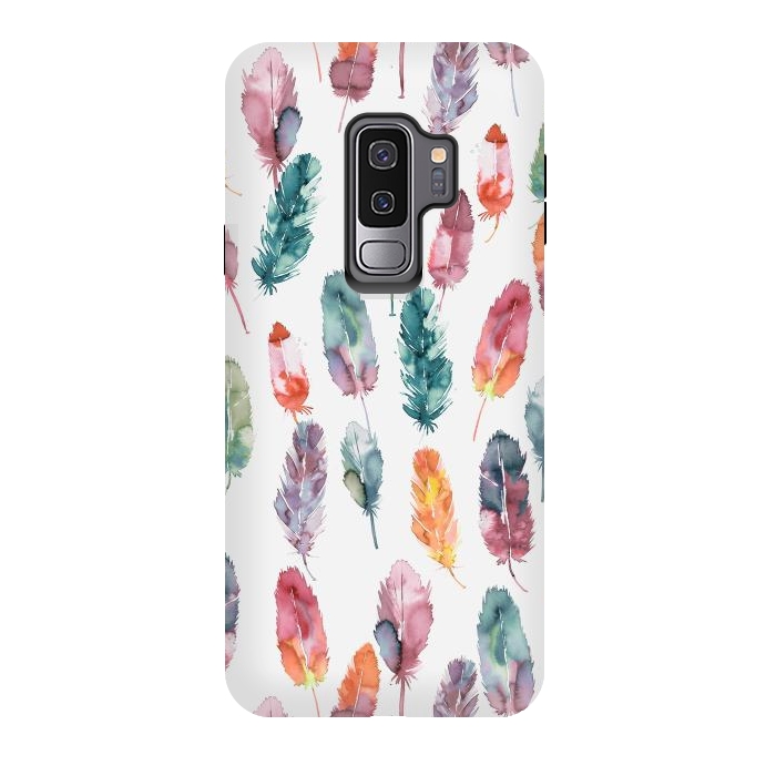 Galaxy S9 plus StrongFit Bohemian Feathers Watercolor Colorful by Ninola Design