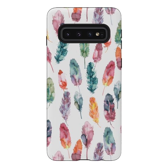 Galaxy S10 StrongFit Bohemian Feathers Watercolor Colorful by Ninola Design