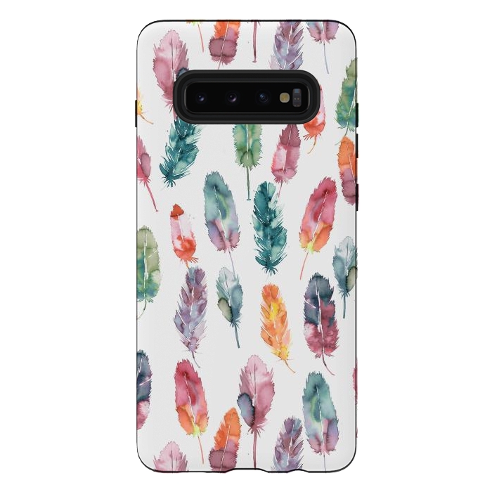 Galaxy S10 plus StrongFit Bohemian Feathers Watercolor Colorful by Ninola Design