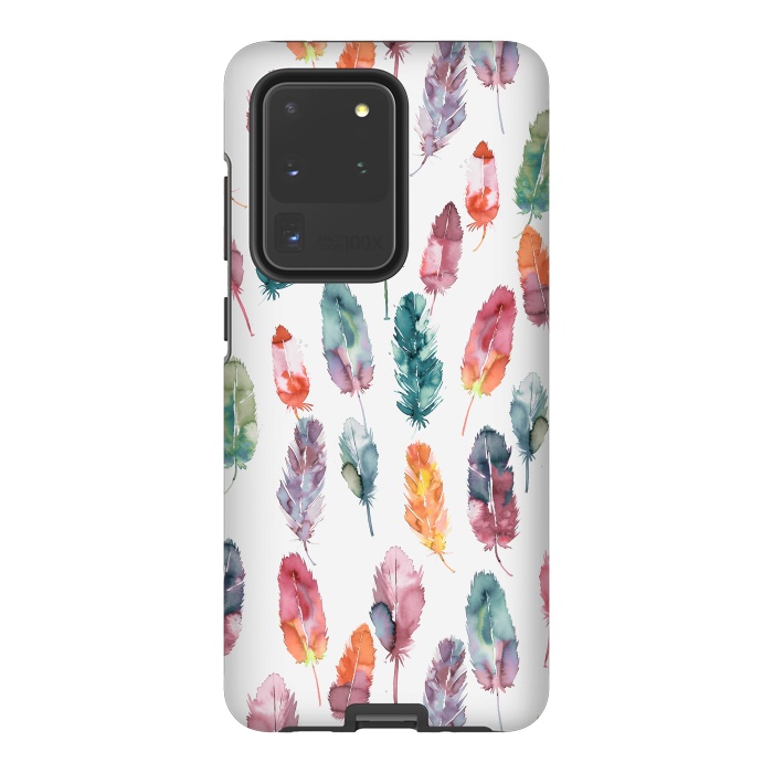 Galaxy S20 Ultra StrongFit Bohemian Feathers Watercolor Colorful by Ninola Design