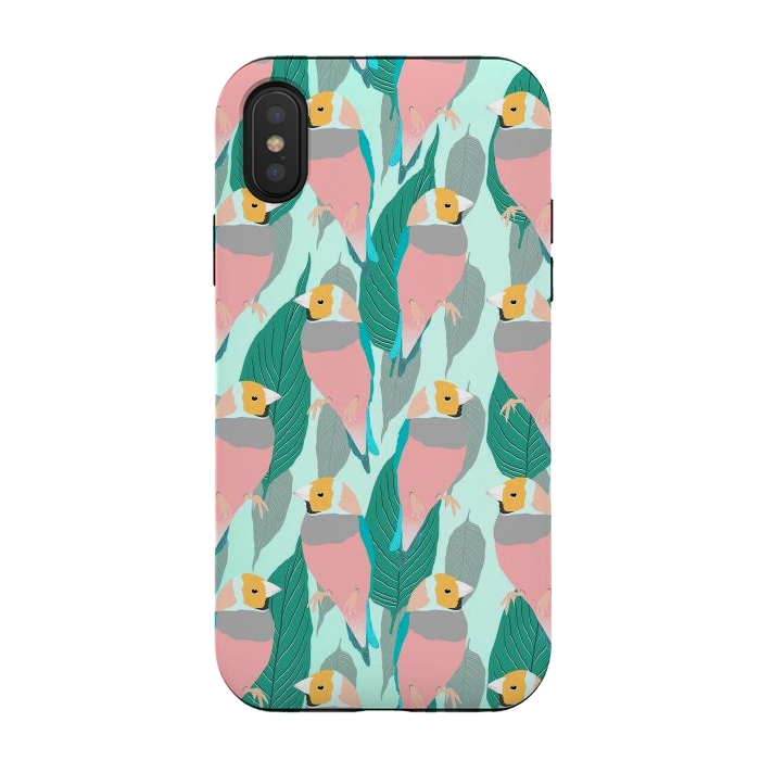 iPhone Xs / X StrongFit Trendy Pink Rainbow Finch Bird & Green Foliage Design by InovArts