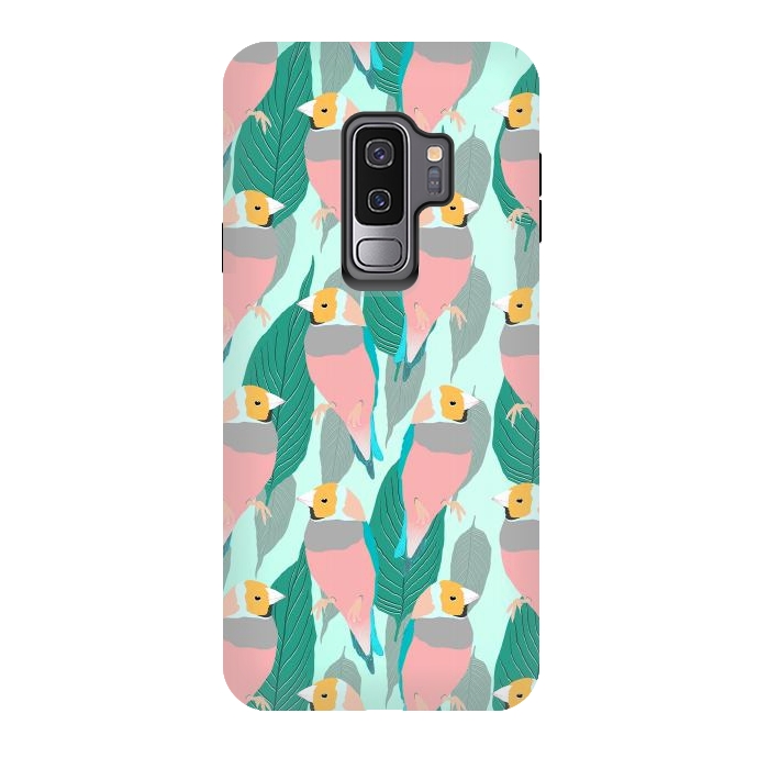 Galaxy S9 plus StrongFit Trendy Pink Rainbow Finch Bird & Green Foliage Design by InovArts