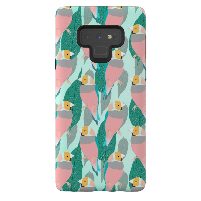 Galaxy Note 9 StrongFit Trendy Pink Rainbow Finch Bird & Green Foliage Design by InovArts