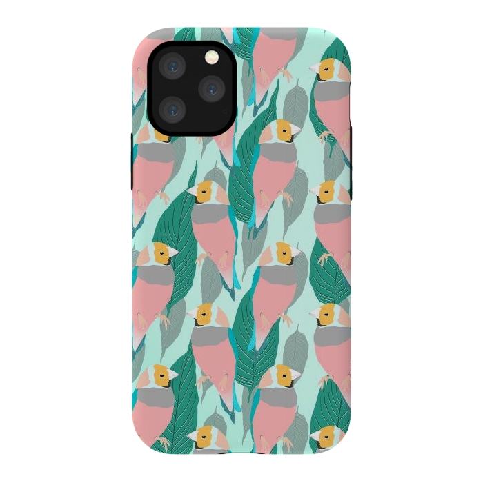 iPhone 11 Pro StrongFit Trendy Pink Rainbow Finch Bird & Green Foliage Design by InovArts