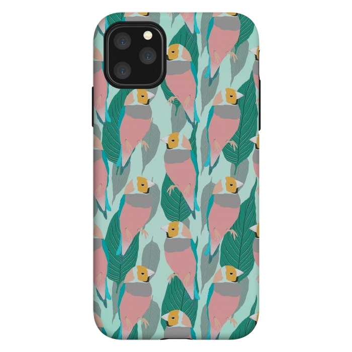 iPhone 11 Pro Max StrongFit Trendy Pink Rainbow Finch Bird & Green Foliage Design by InovArts
