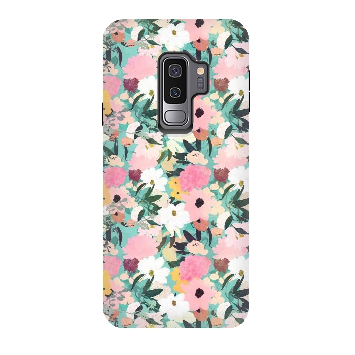 Galaxy S9 plus StrongFit Pretty Watercolor Pink & White Floral Green Design by InovArts