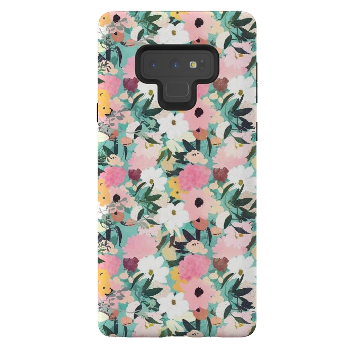 Galaxy Note 9 StrongFit Pretty Watercolor Pink & White Floral Green Design by InovArts