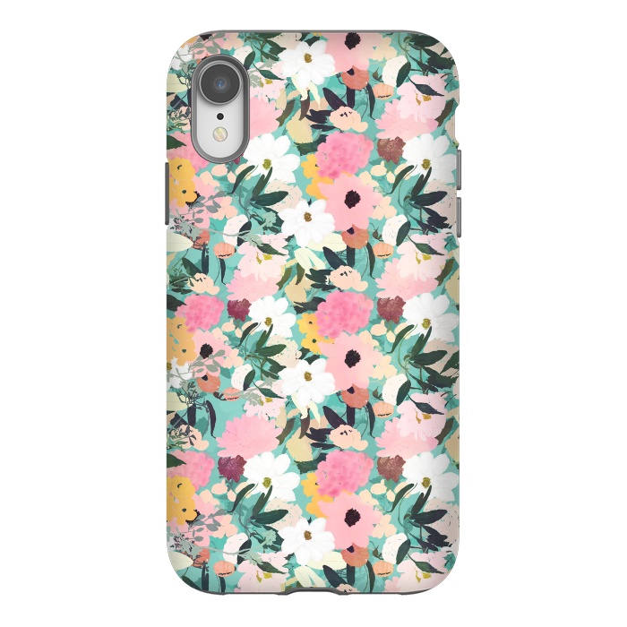 iPhone Xr StrongFit Pretty Watercolor Pink & White Floral Green Design by InovArts