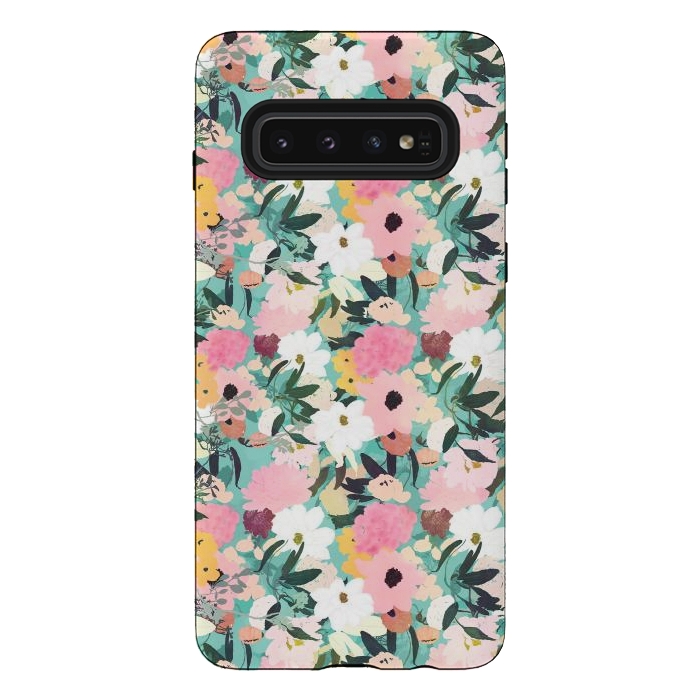 Galaxy S10 StrongFit Pretty Watercolor Pink & White Floral Green Design by InovArts