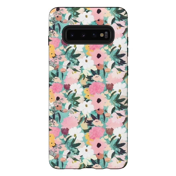 Galaxy S10 plus StrongFit Pretty Watercolor Pink & White Floral Green Design by InovArts