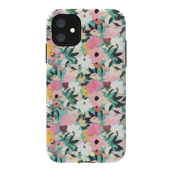 iPhone 11 StrongFit Pretty Watercolor Pink & White Floral Green Design by InovArts