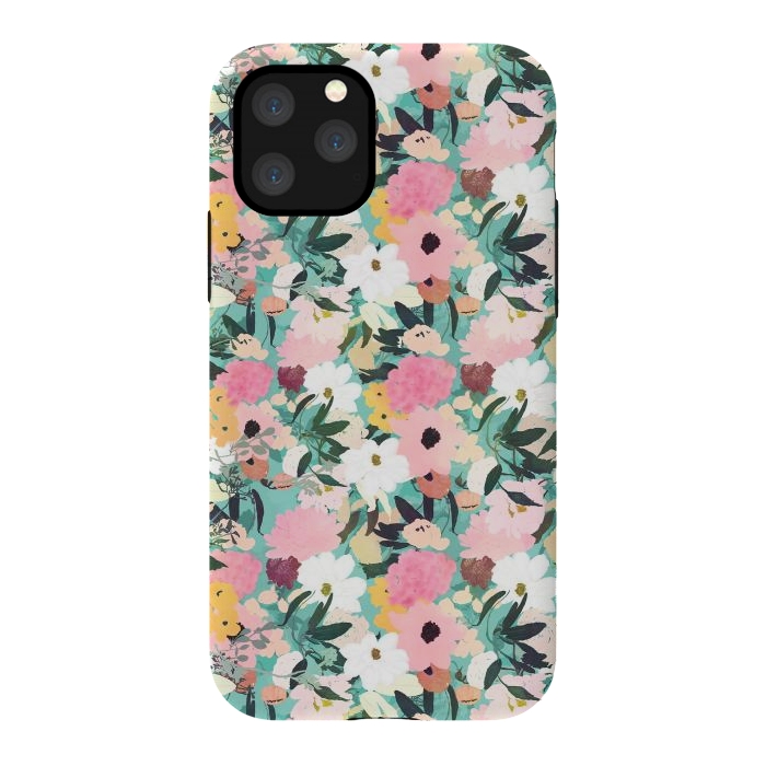 iPhone 11 Pro StrongFit Pretty Watercolor Pink & White Floral Green Design by InovArts