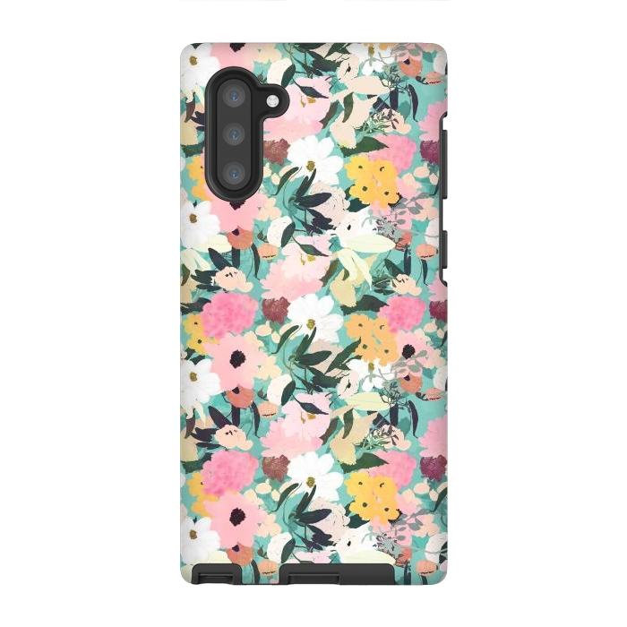 Galaxy Note 10 StrongFit Pretty Watercolor Pink & White Floral Green Design by InovArts