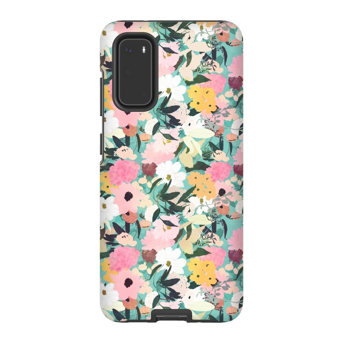 Galaxy S20 StrongFit Pretty Watercolor Pink & White Floral Green Design by InovArts
