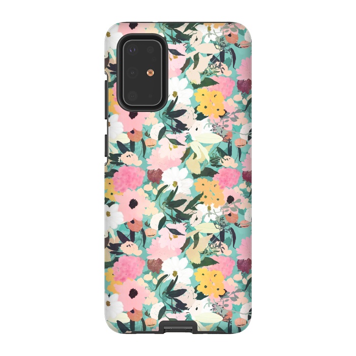 Galaxy S20 Plus StrongFit Pretty Watercolor Pink & White Floral Green Design by InovArts