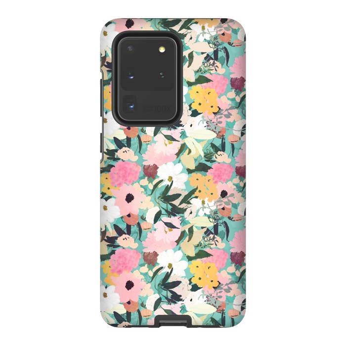 Galaxy S20 Ultra StrongFit Pretty Watercolor Pink & White Floral Green Design by InovArts