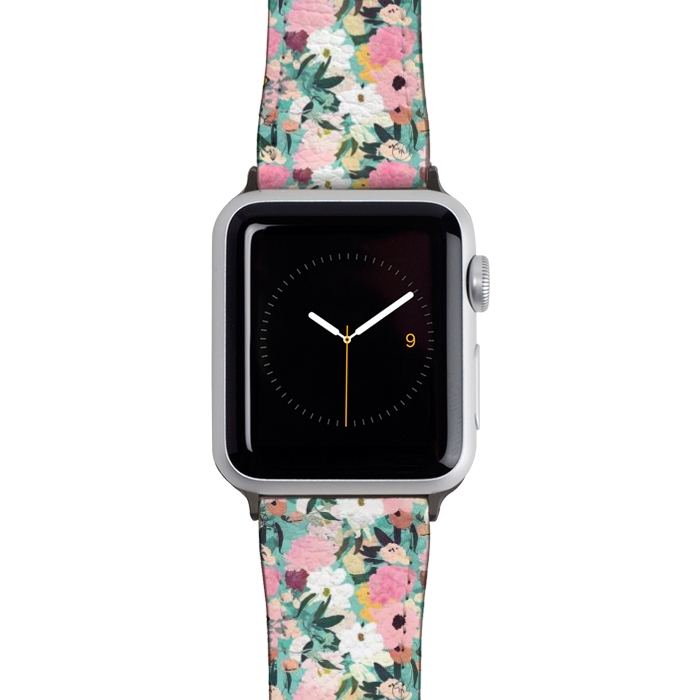 Watch 42mm / 44mm Strap PU leather Pretty Watercolor Pink & White Floral Green Design by InovArts