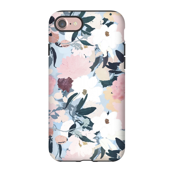 iPhone 7 StrongFit Pretty Grayish Blue Watercolor Pink & White Floral Design by InovArts