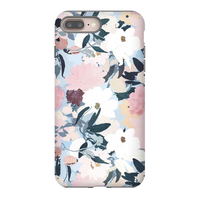 iPhone 7 plus StrongFit Pretty Grayish Blue Watercolor Pink & White Floral Design by InovArts