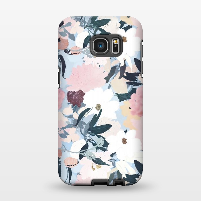 Galaxy S7 EDGE StrongFit Pretty Grayish Blue Watercolor Pink & White Floral Design by InovArts