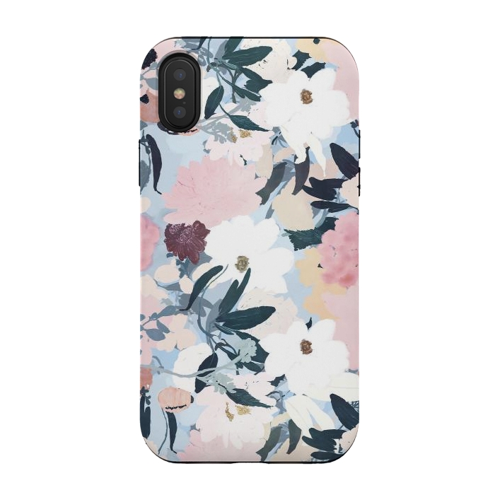 iPhone Xs / X StrongFit Pretty Grayish Blue Watercolor Pink & White Floral Design by InovArts